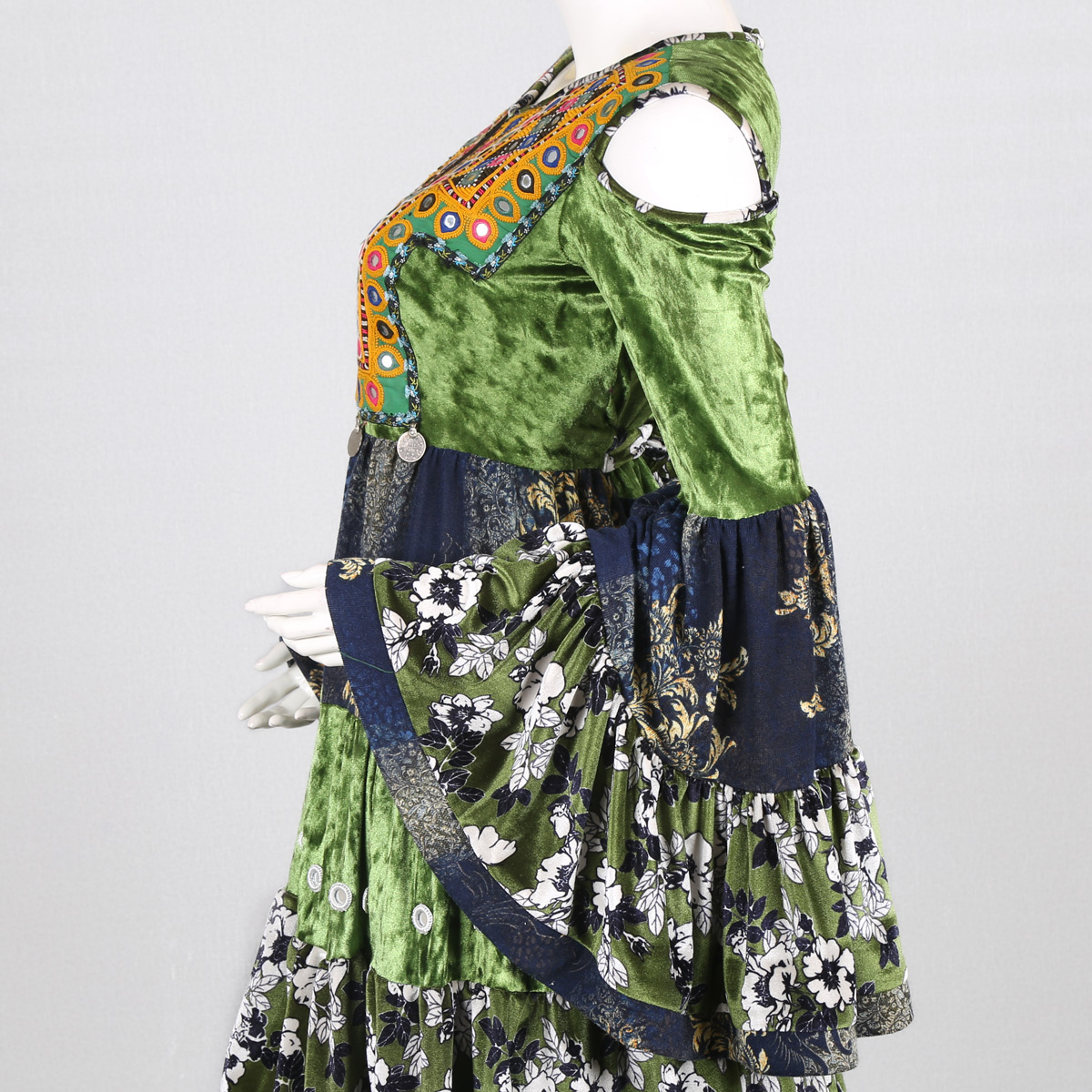 3-Piece Blue & Green Floral Print Afghan Dress | Mirror Embroidered Traditional Dress