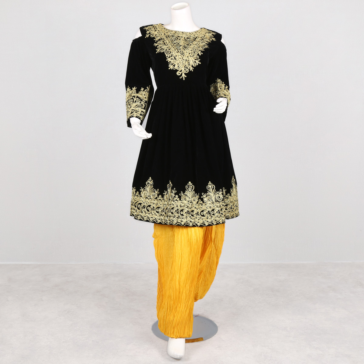 Black Simple Afghan Culture Dress with Golden Cherma Embroidered | Open-puff Sleeve