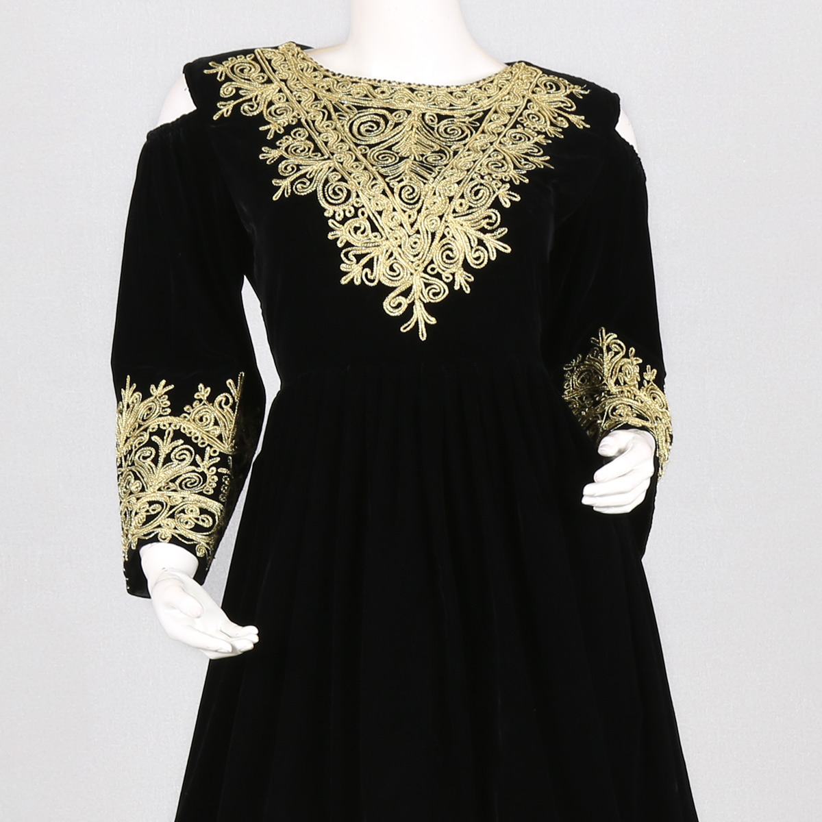 Black Simple Afghan Culture Dress with Golden Cherma Embroidered | Open-puff Sleeve