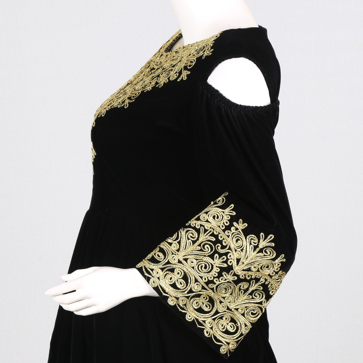 Black Simple Afghan Culture Dress with Golden Cherma Embroidered | Open-puff Sleeve