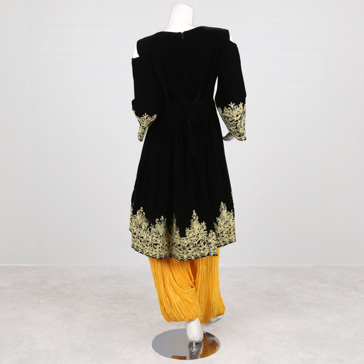 Black Simple Afghan Culture Dress with Golden Cherma Embroidered | Open-puff Sleeve