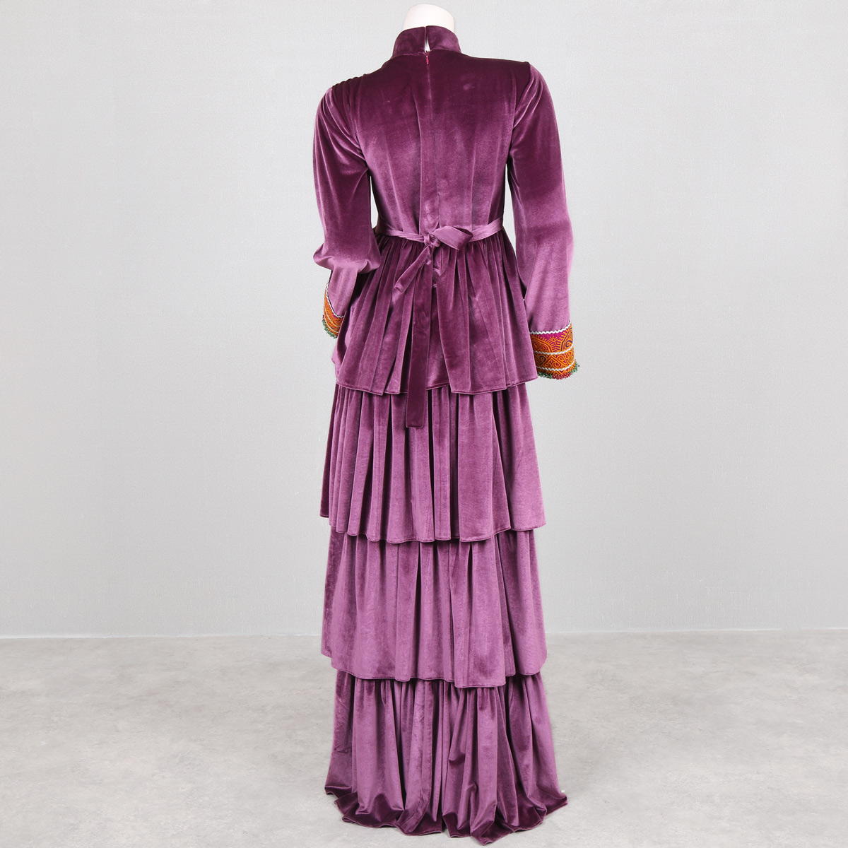 Pink Velvet Tiered Maxi | Balloon Sleeve Coin Embroidered Maxi