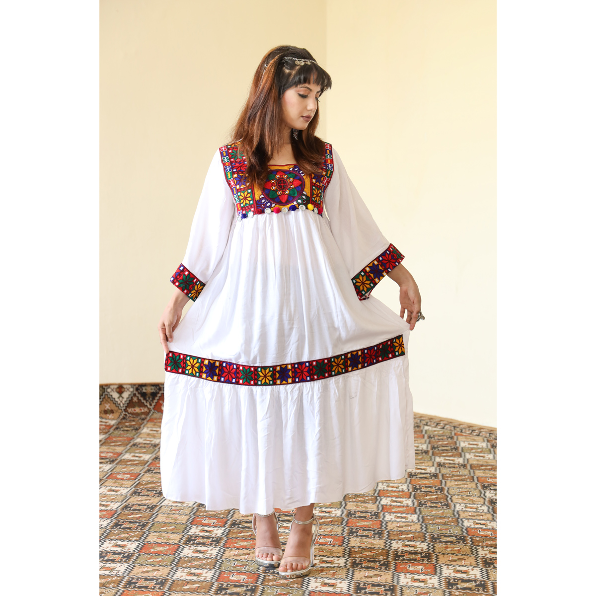White Linen Shami Embroidered Long Dress | Drop Waisted Traditional Wear Long Frock