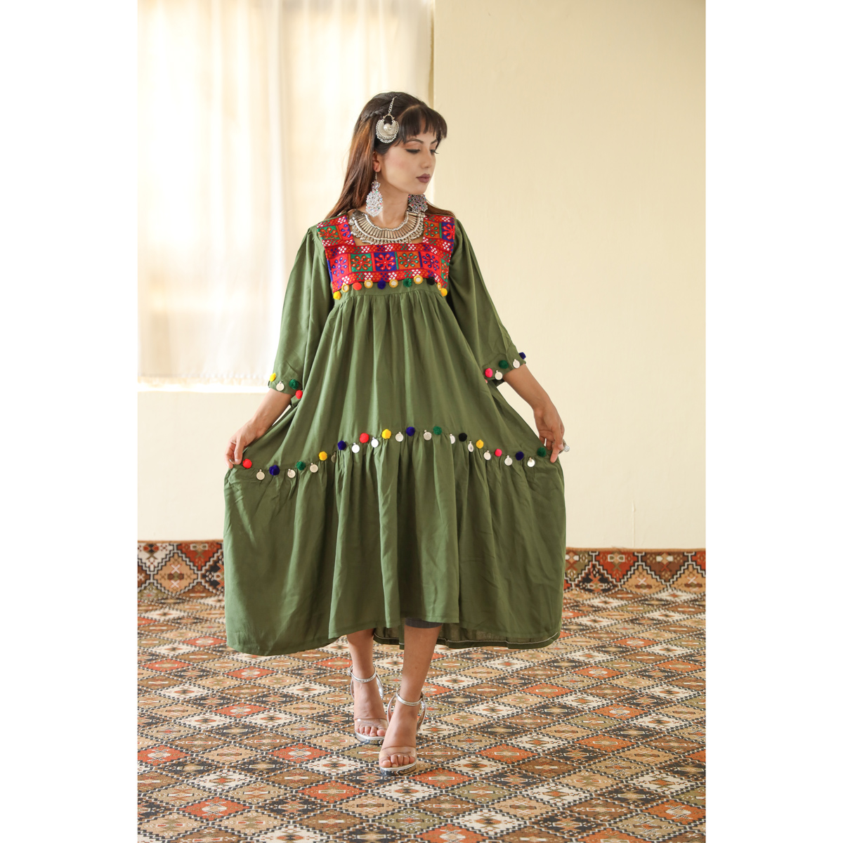 Olive Green Pawli Embroidered Dress | Linen Drop Waisted Casual Wear Dress