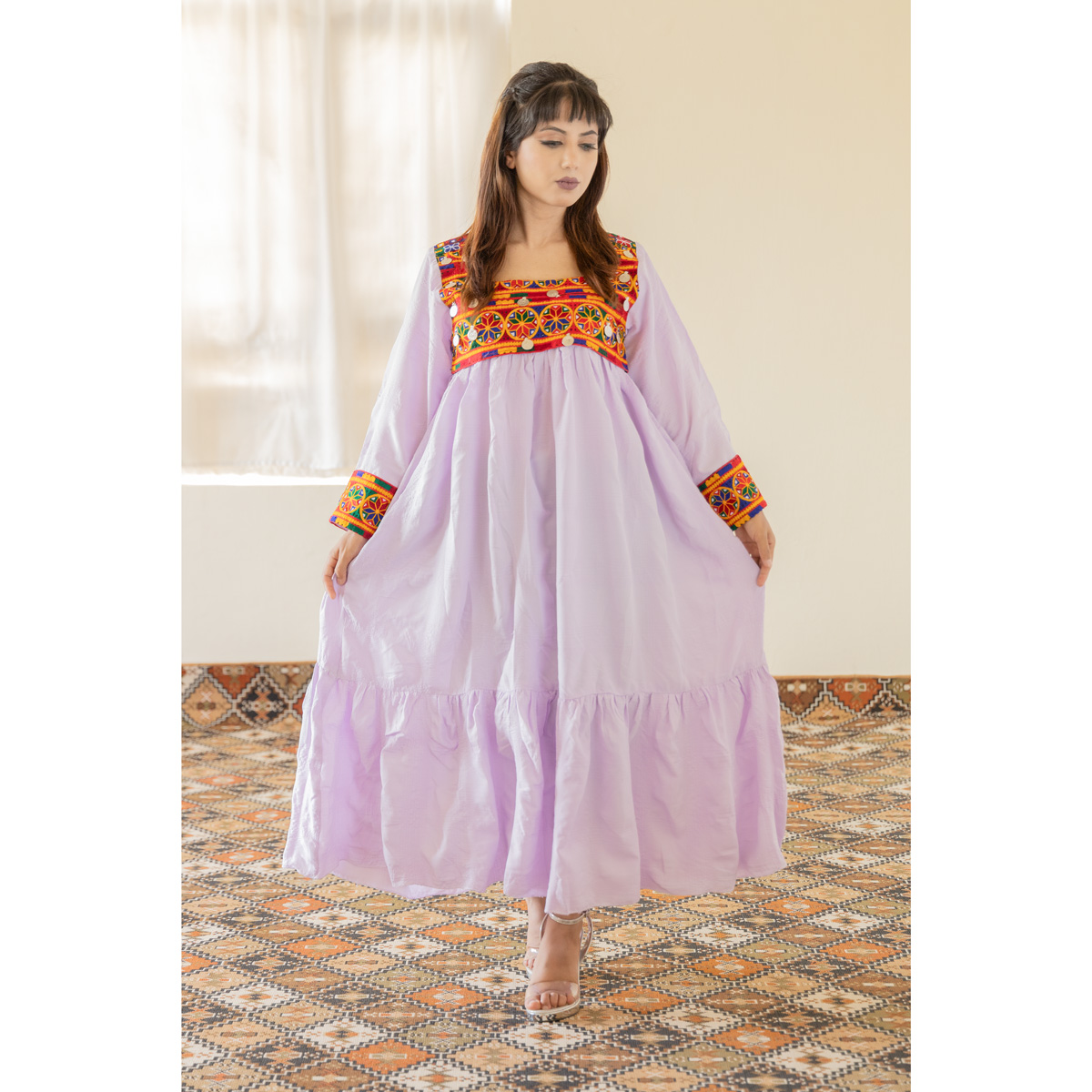 Soft Lilac Pawli Embroidered Long Dress | Crepe Drop Waisted Dress