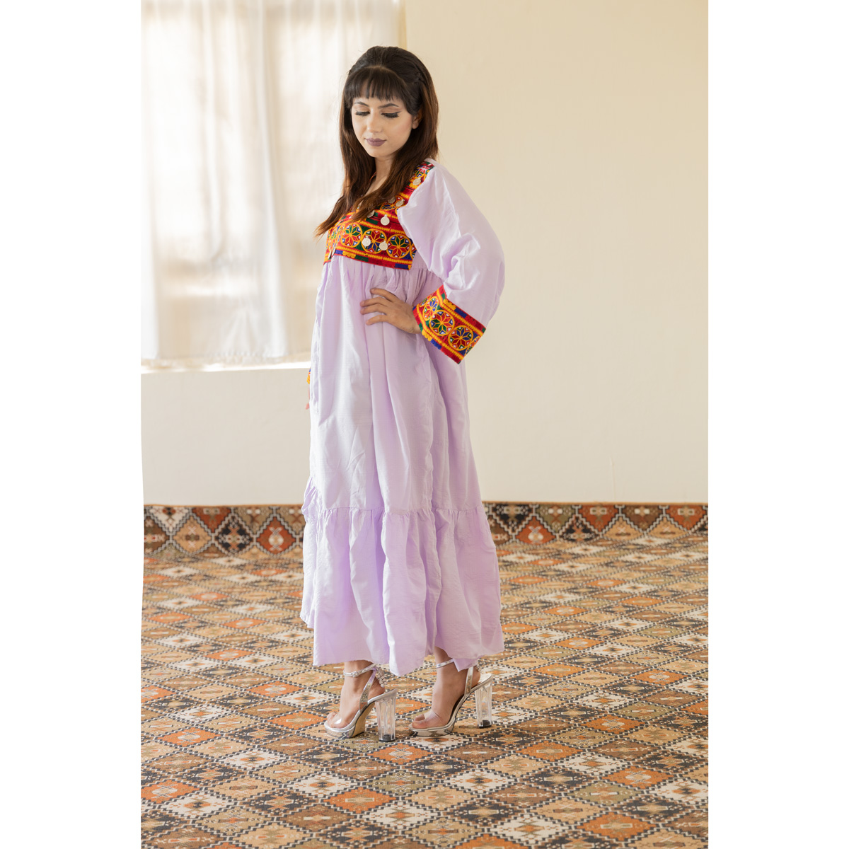 Soft Lilac Pawli Embroidered Long Dress | Crepe Drop Waisted Dress