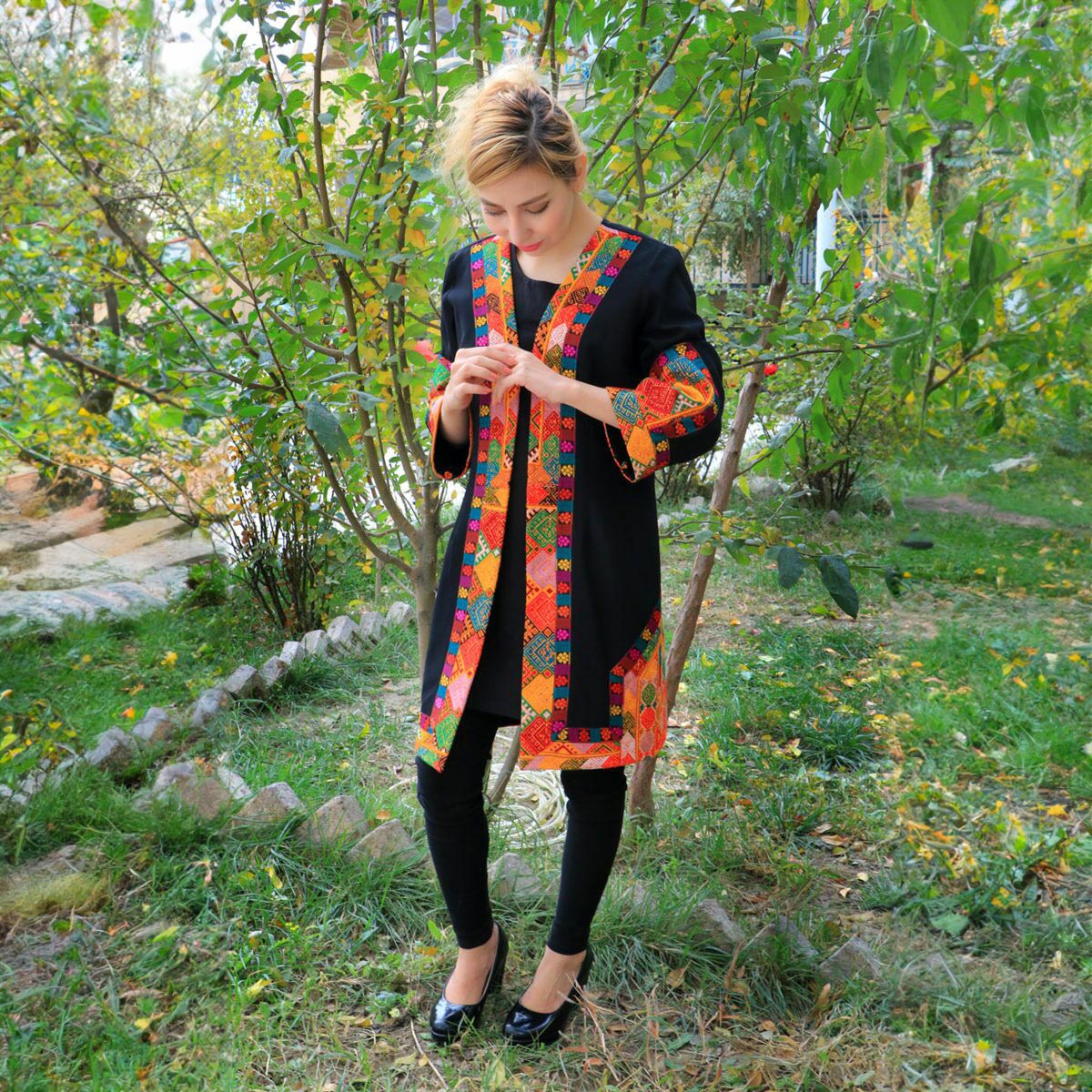Collarless Women's Coat | Crepe Navy Blue Coat