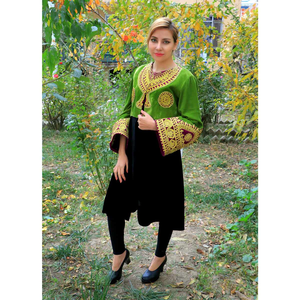 Green Cherma Work Coat | Long Party Wear Frock Design Coat