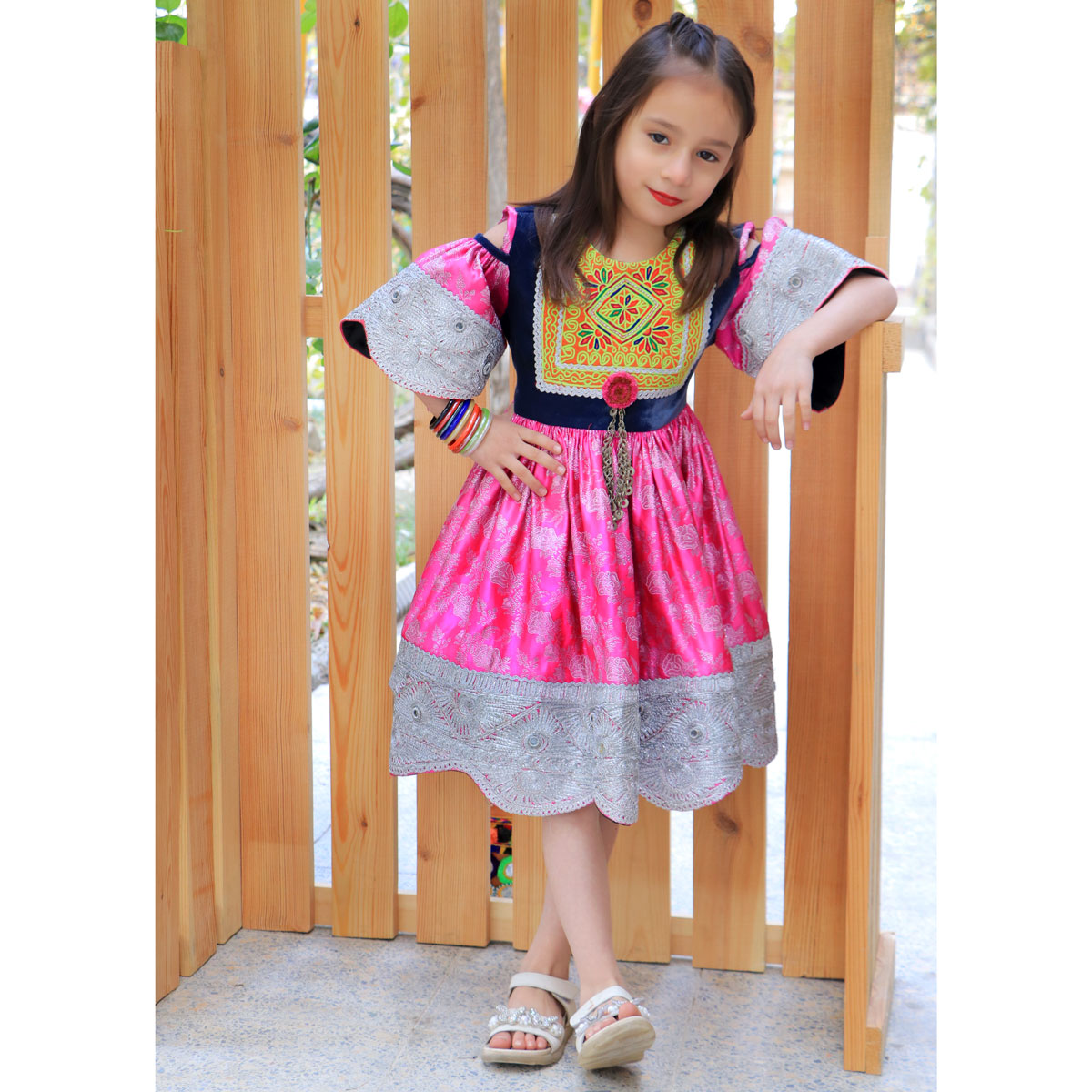 Pink Floral Print Baby Girl's Frock | Cherma Embroidered Short Frock