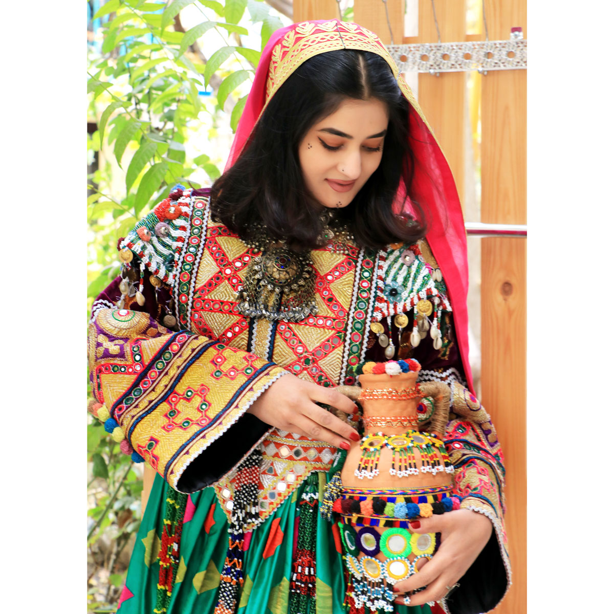 Green Kochi Embroidered Afghan Wedding Dress with Long Balloon Sleeve