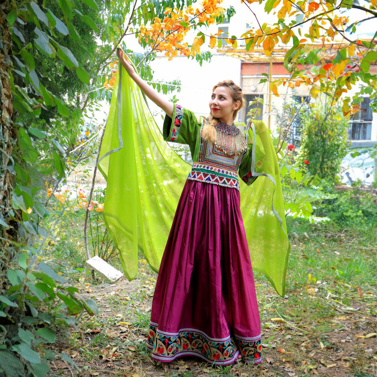 Qanawiz Embroidered Pleated Maxi Dress | Open Sleeve Afghan Long Dress
