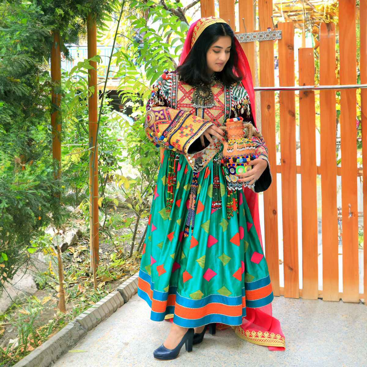 Green Kochi Embroidered Afghan Wedding Dress with Long Balloon Sleeve