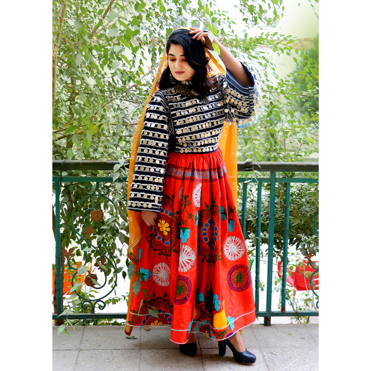 Tajiki Print Trumpet Sleeve Wedding Dress | Orange Coin Embroidered Afghan Frock
