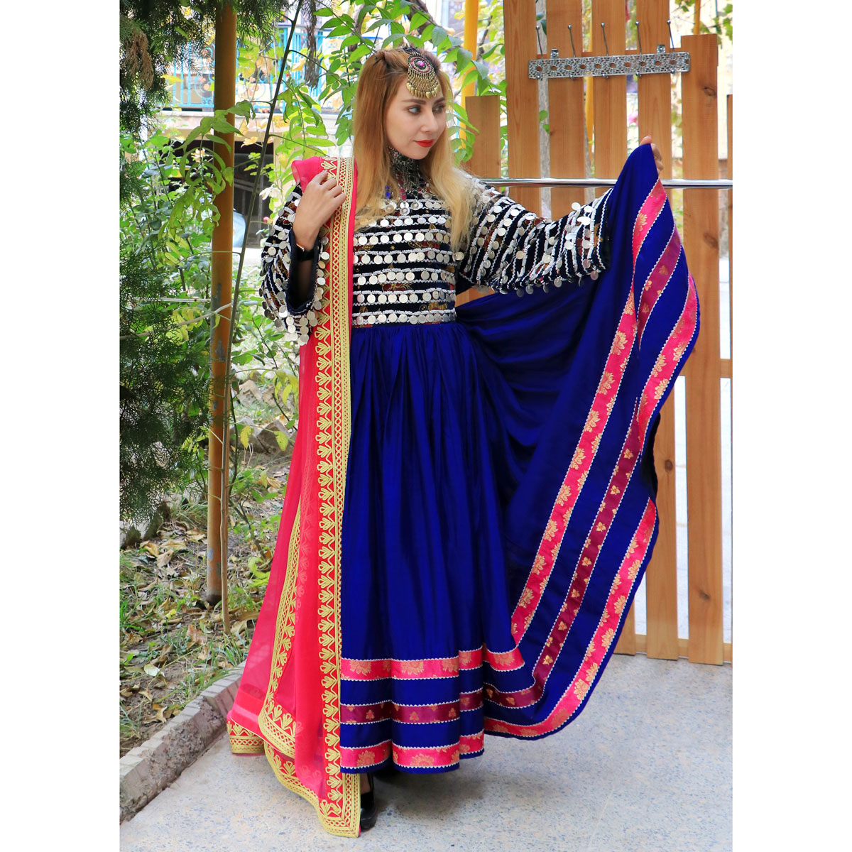 Blue Tajiki Embroidered Pleated Afghan Dress | Velvet Long Bridal Maxi