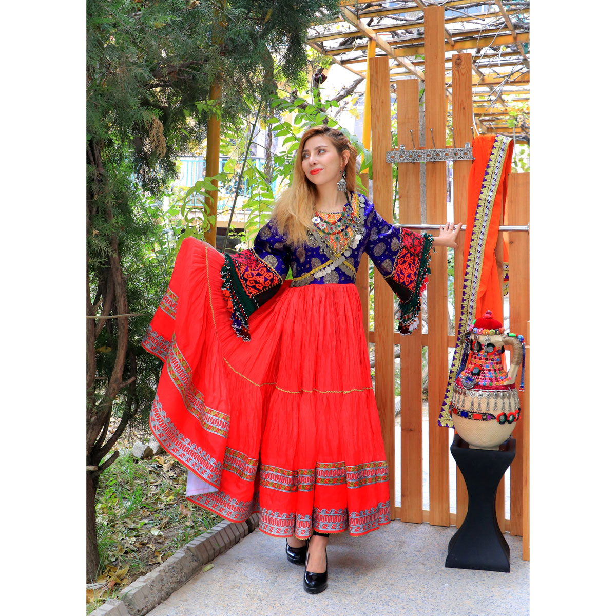 Red Coin Embroidered Fancy Wedding Dress | Flared Sleeve Afghan Maxi