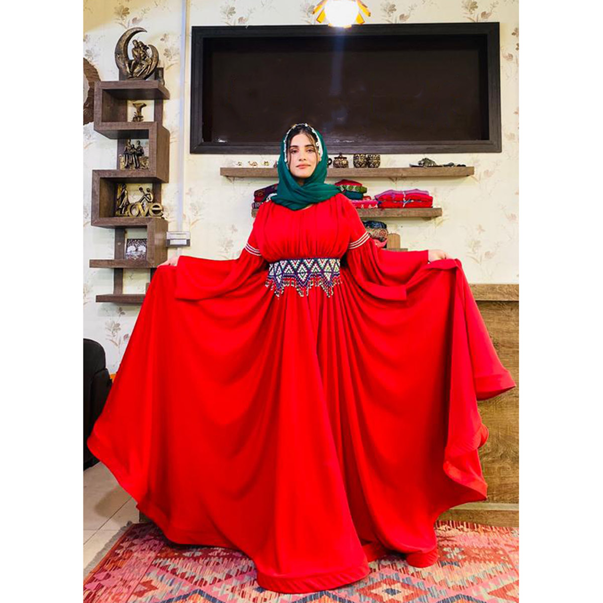 Cotton Belted Pleated Fancy Maxi | Red Flare Sleeves Maxi