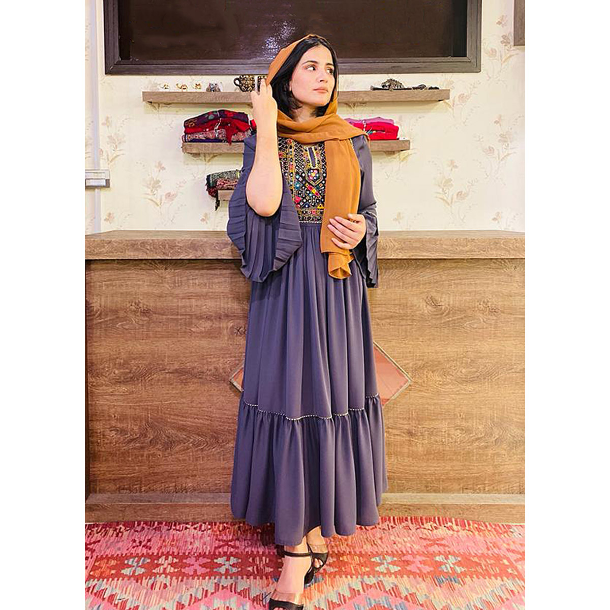 Crepe Prarie Skirt Long Dress | Gray Trumpet Sleeves Casual Wear Dress