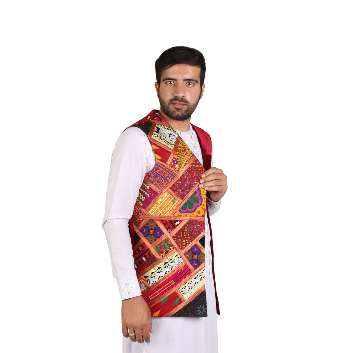 Red Velvet Afghan Waistcoat for Men | Cross-Stitched Waskat Coat