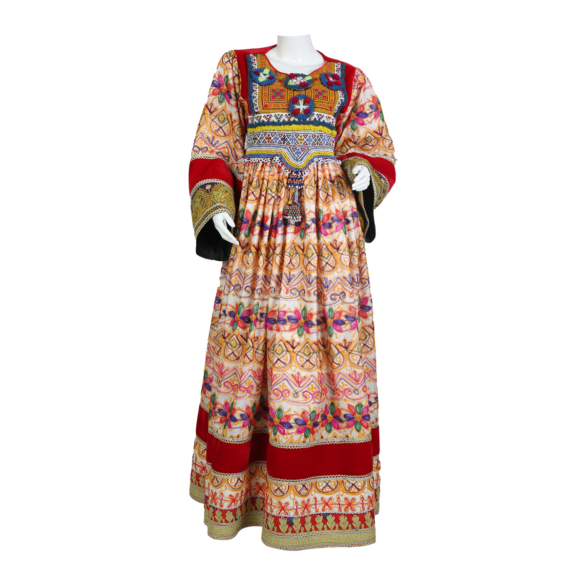 Floral Cherma Work Plated Long Afghan Dress | Gand e Afghani