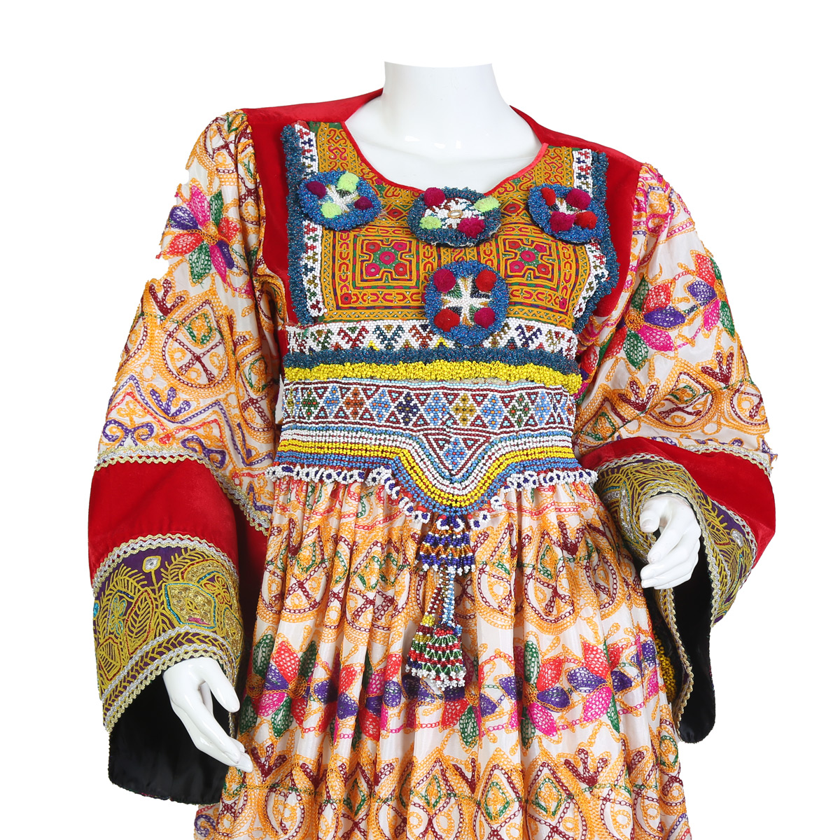 Floral Cherma Work Plated Long Afghan Dress | Gand e Afghani