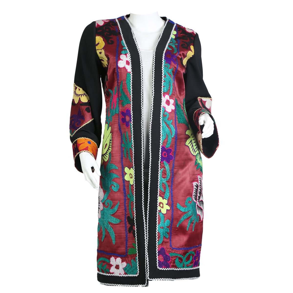 Floral Embroidered Women Coat | Black Long Party Wear Coat