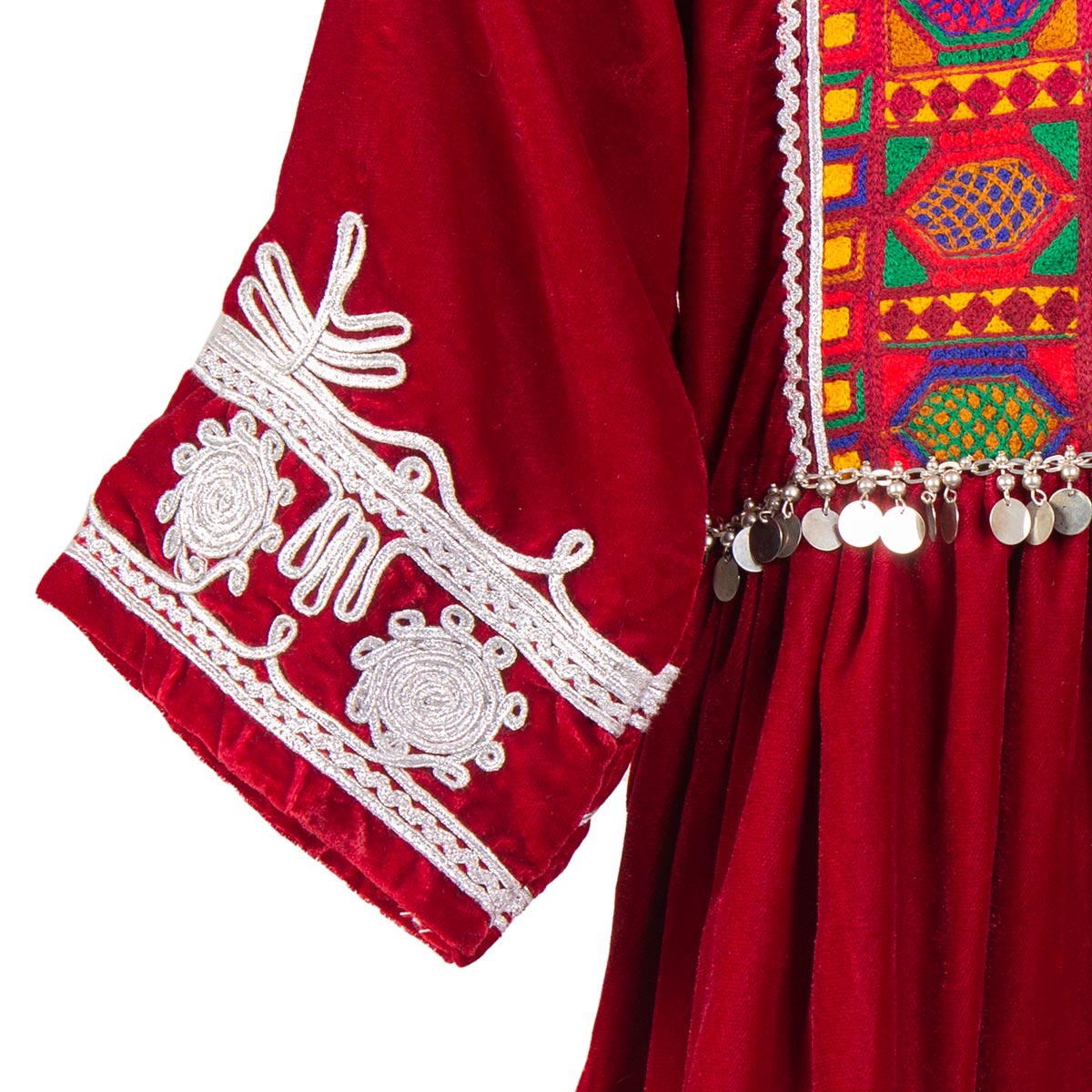 Red Velvet Pleated Frock | Handmade Full Embroidered Dress 