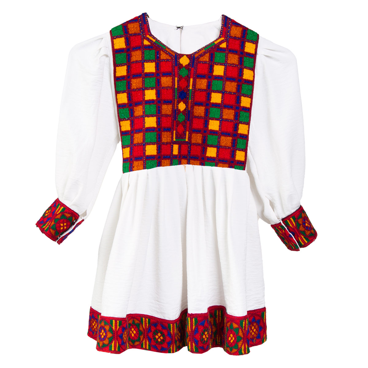 Cross-Stitch Pleated Dress | White Frock With Cuffed-Sleeves