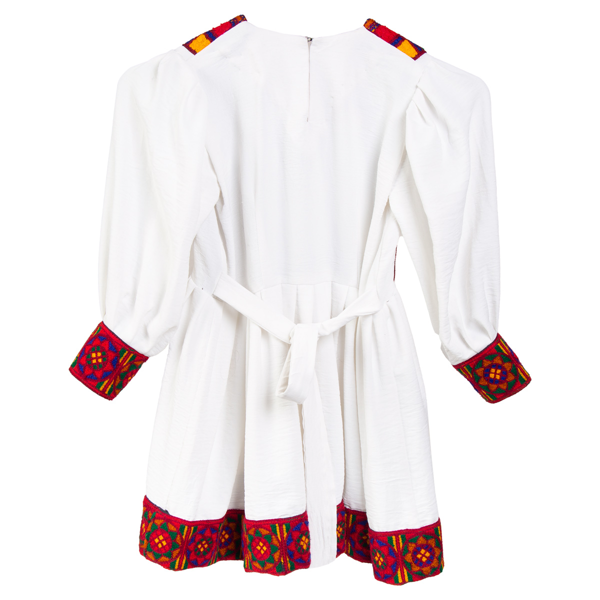 Cross-Stitch Pleated Dress | White Frock With Cuffed-Sleeves
