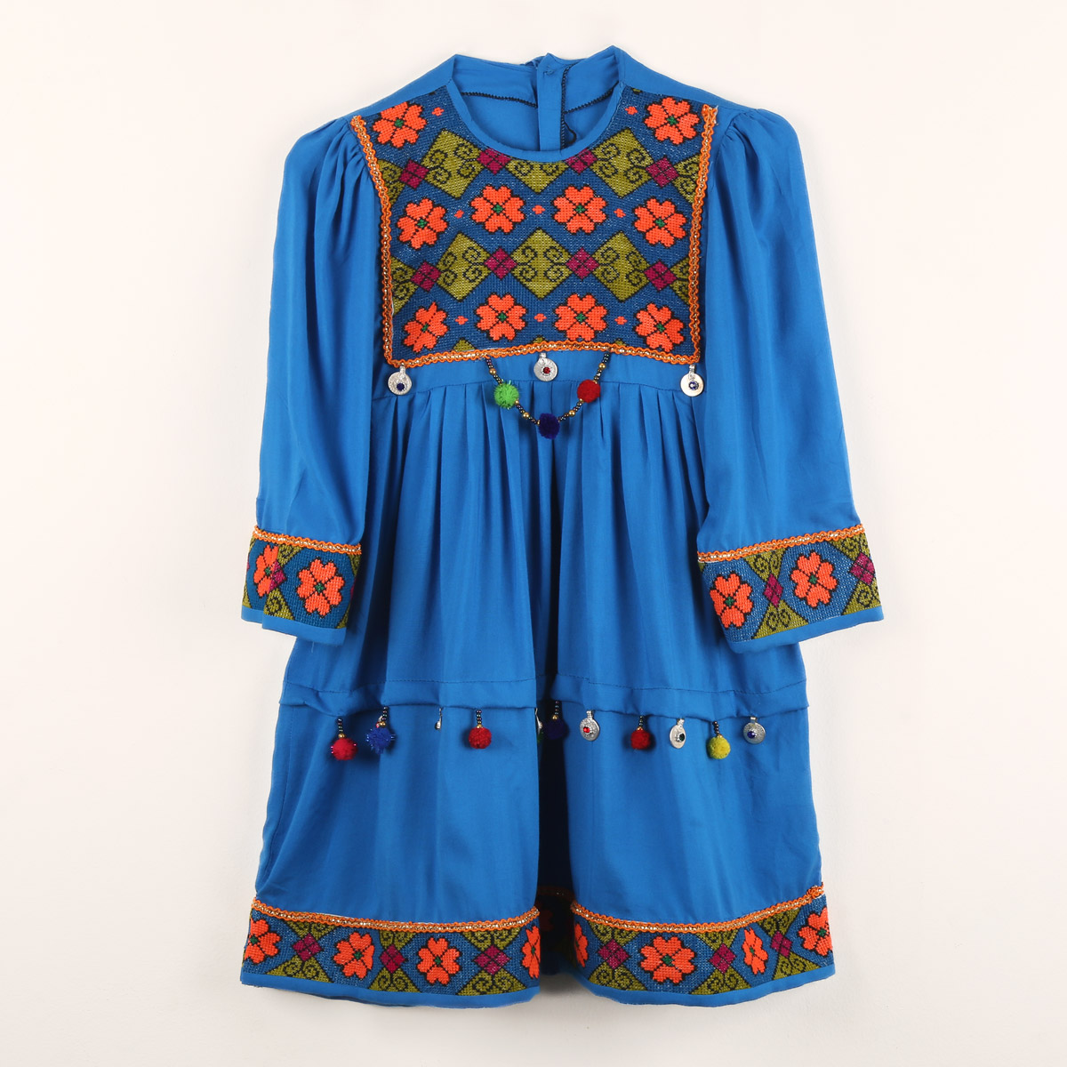 Cotton Pleated Embroidered Dress | 3-Piece Blue Casual Wear Frock