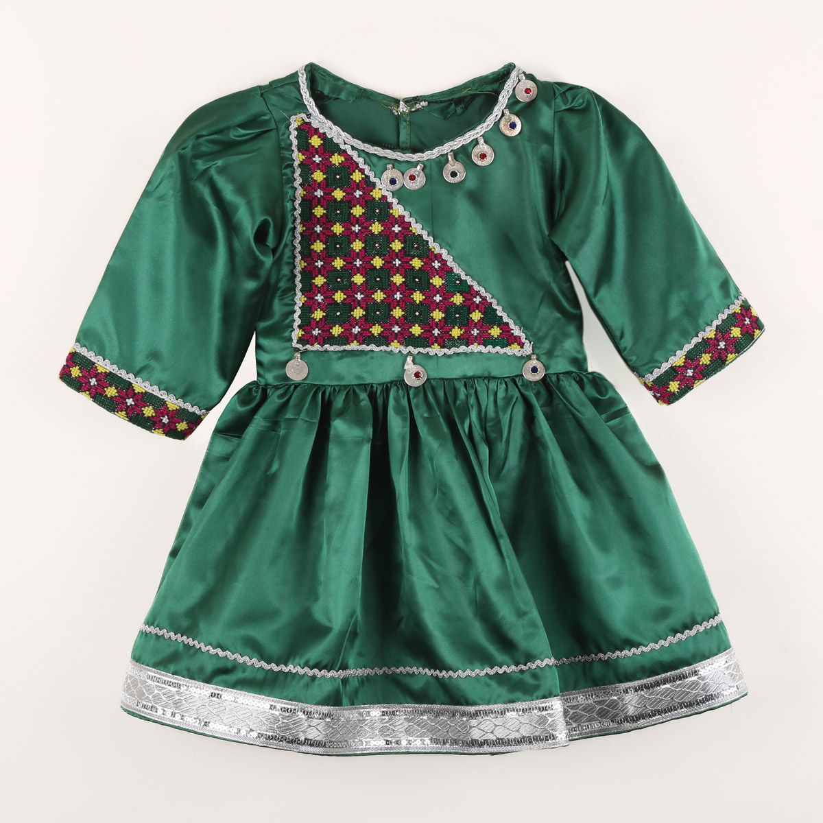 Silk Cross-Stitch Frock with Hair Band | Green Party Frock & Hair Band