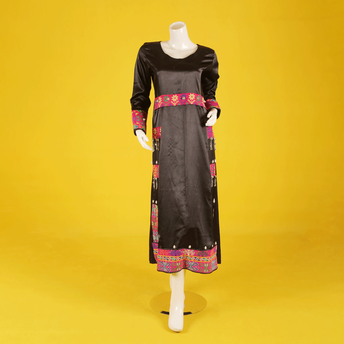 Dark Brown Floral Stitched Plain Dress | Velvet Casual Wear Long Dress