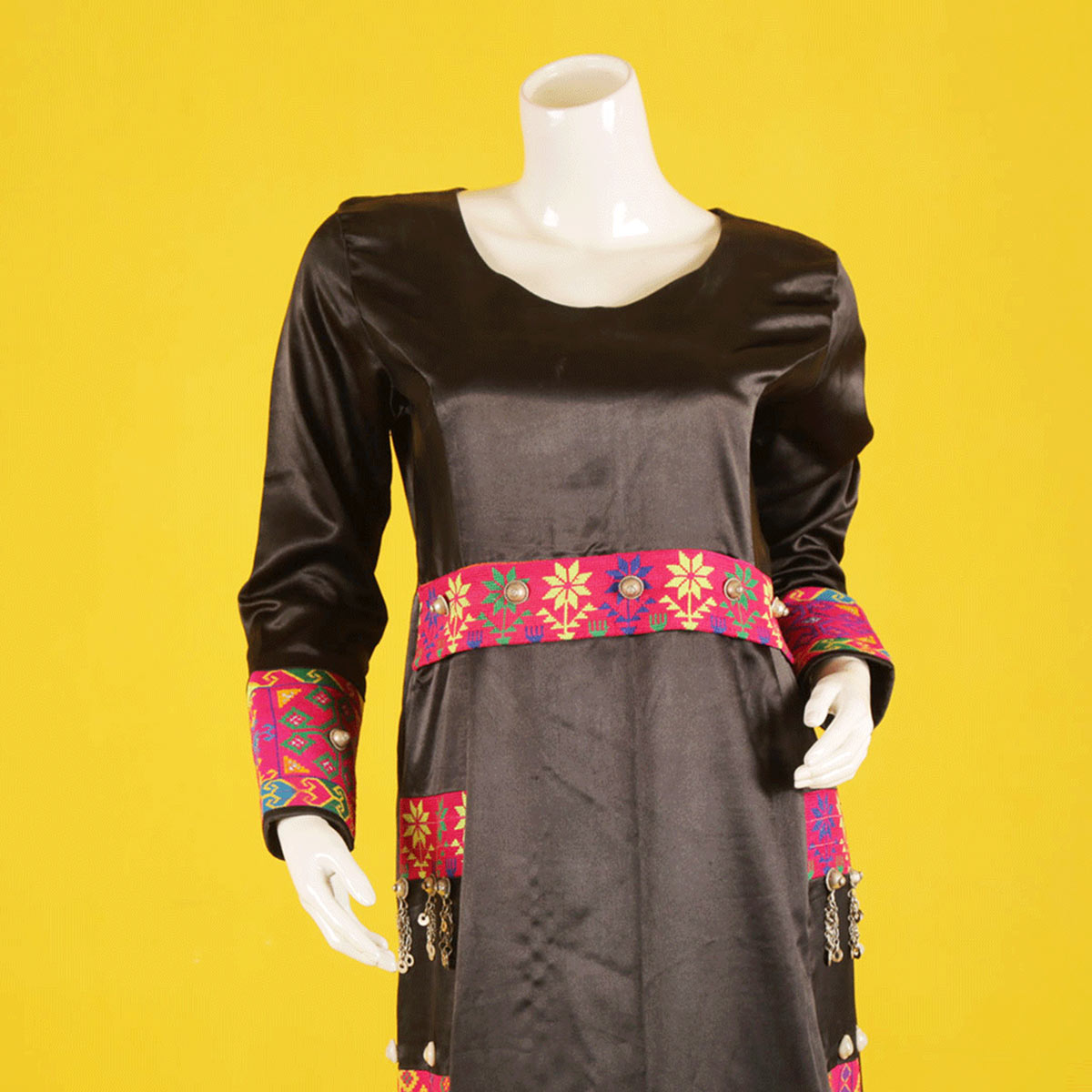 Dark Brown Floral Stitched Plain Dress | Velvet Casual Wear Long Dress