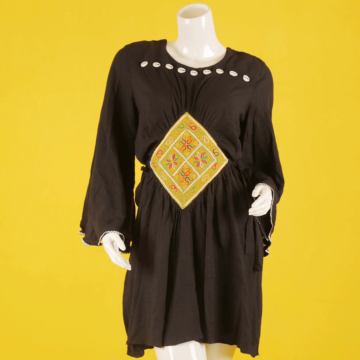Black Cross-Stitch Pleated Short Dress | Cotton Casual Wear Dress