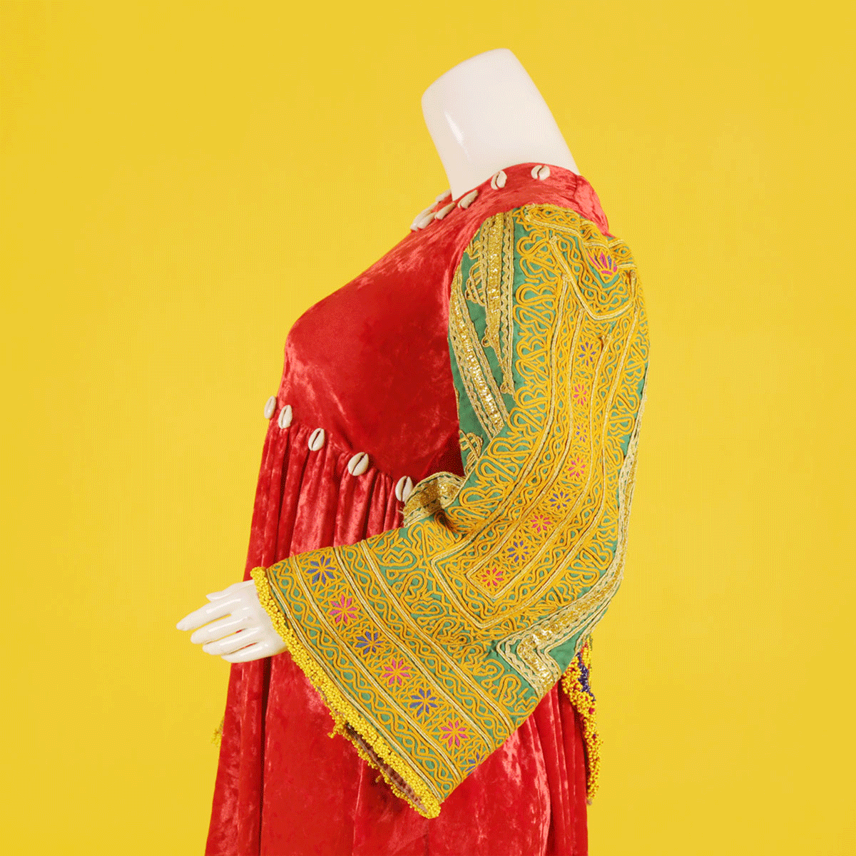Red Fancy Pleated Long Frock | Velvet Balloon Sleeves Frock