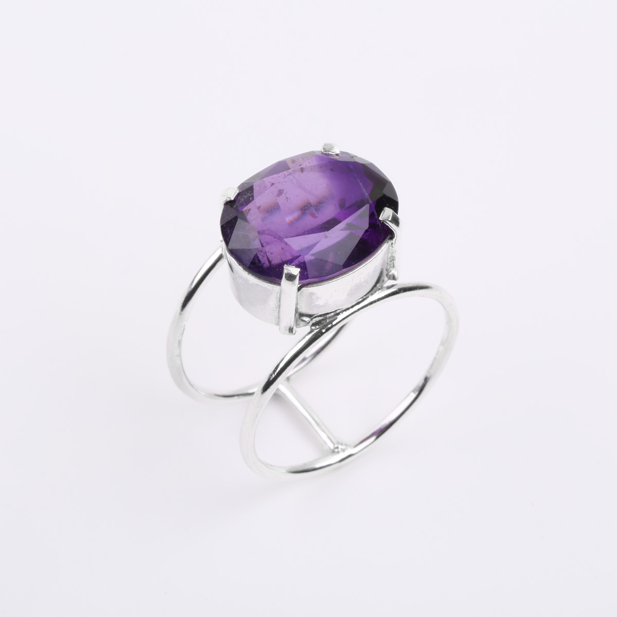 Amethyst Stone Ring | Double-Band Silver Ring