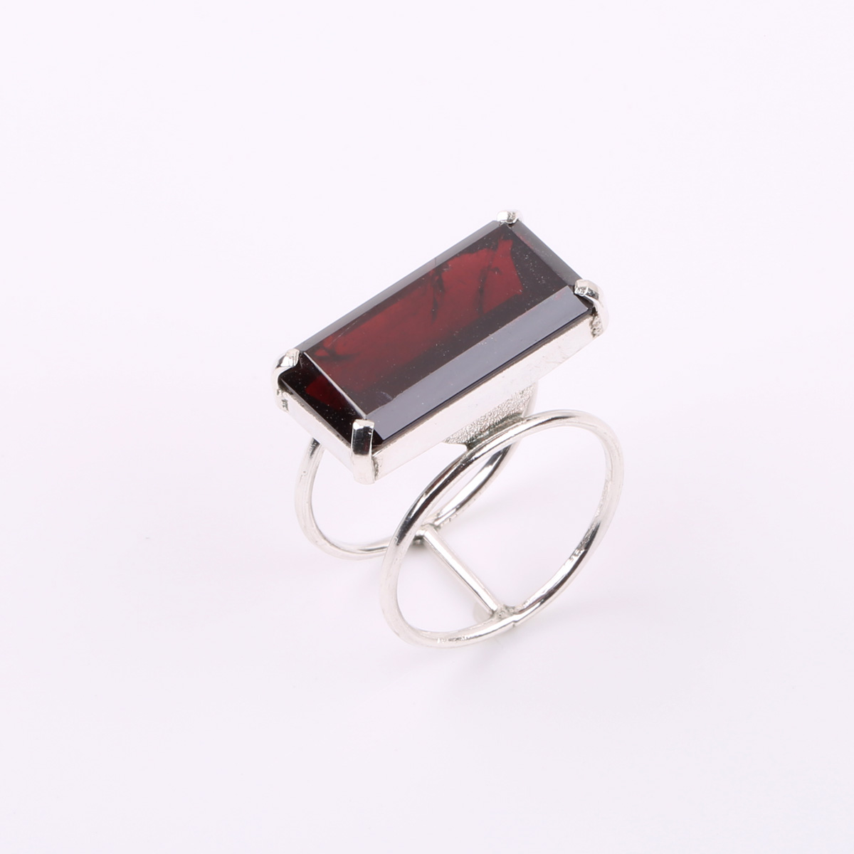 Garnet Silver Ring | Double-Band Flat Ring