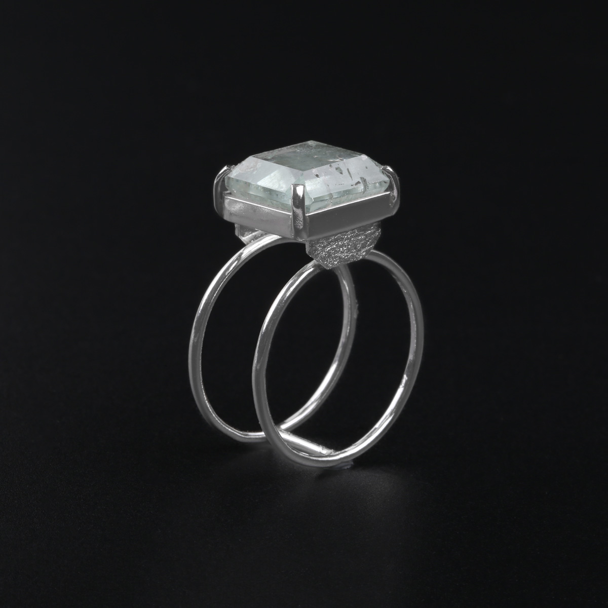 Silver Aquamarine Ring | Double-Band Square Ring 