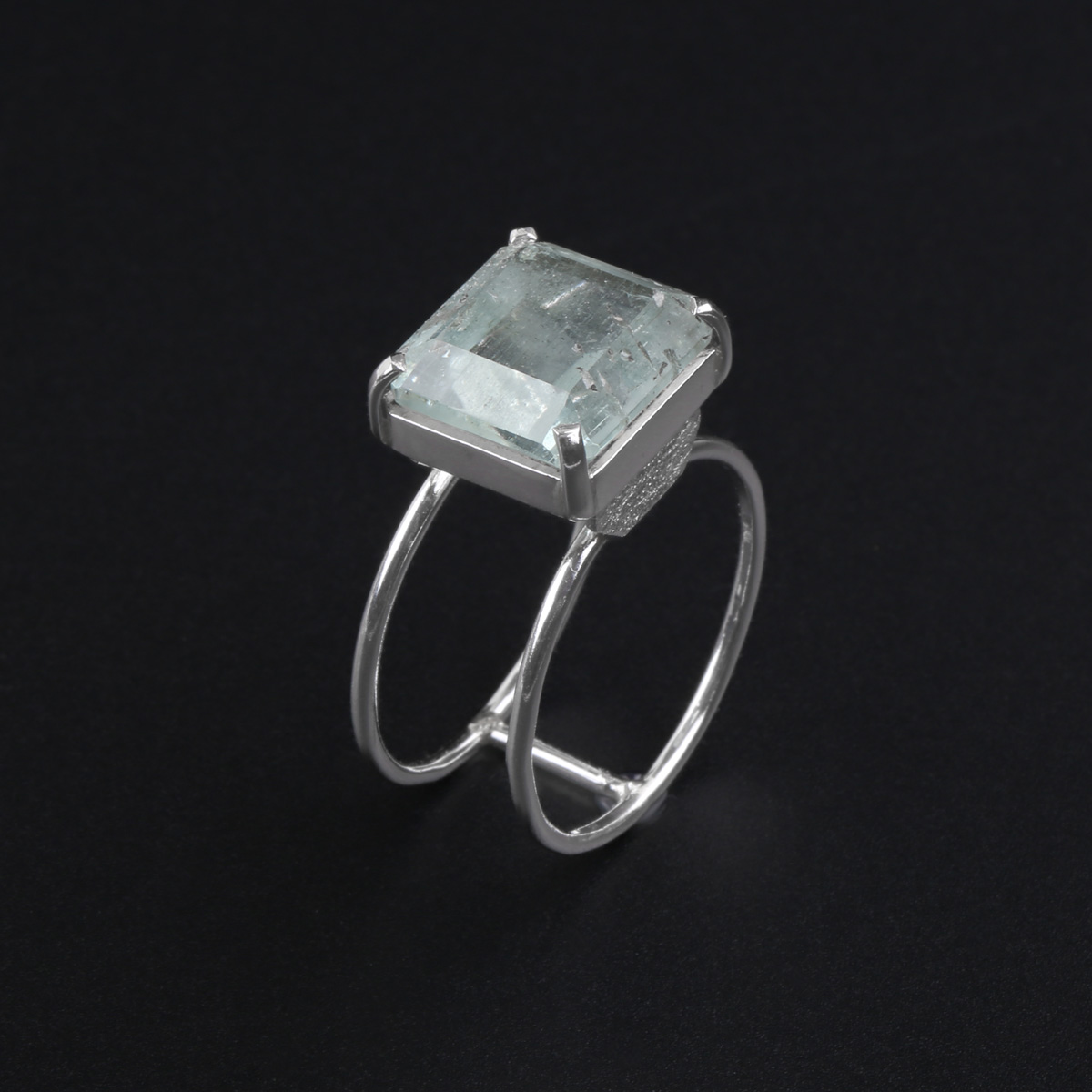 Silver Aquamarine Ring | Double-Band Square Ring 