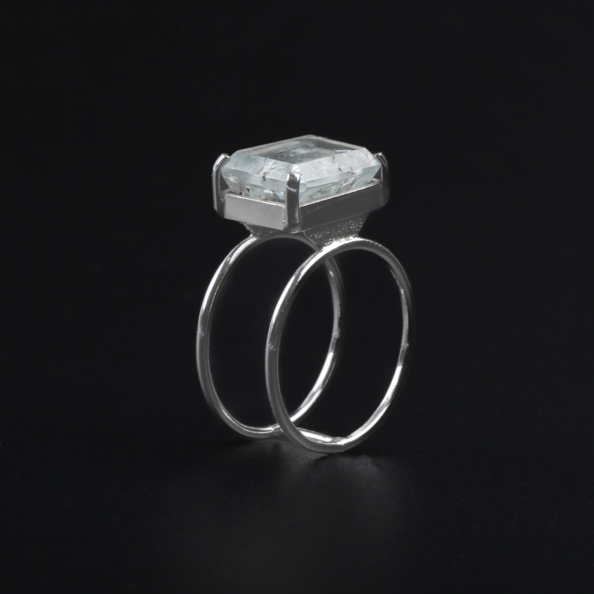 Square Aquamarine Ring | Double-Band Silver Ring 