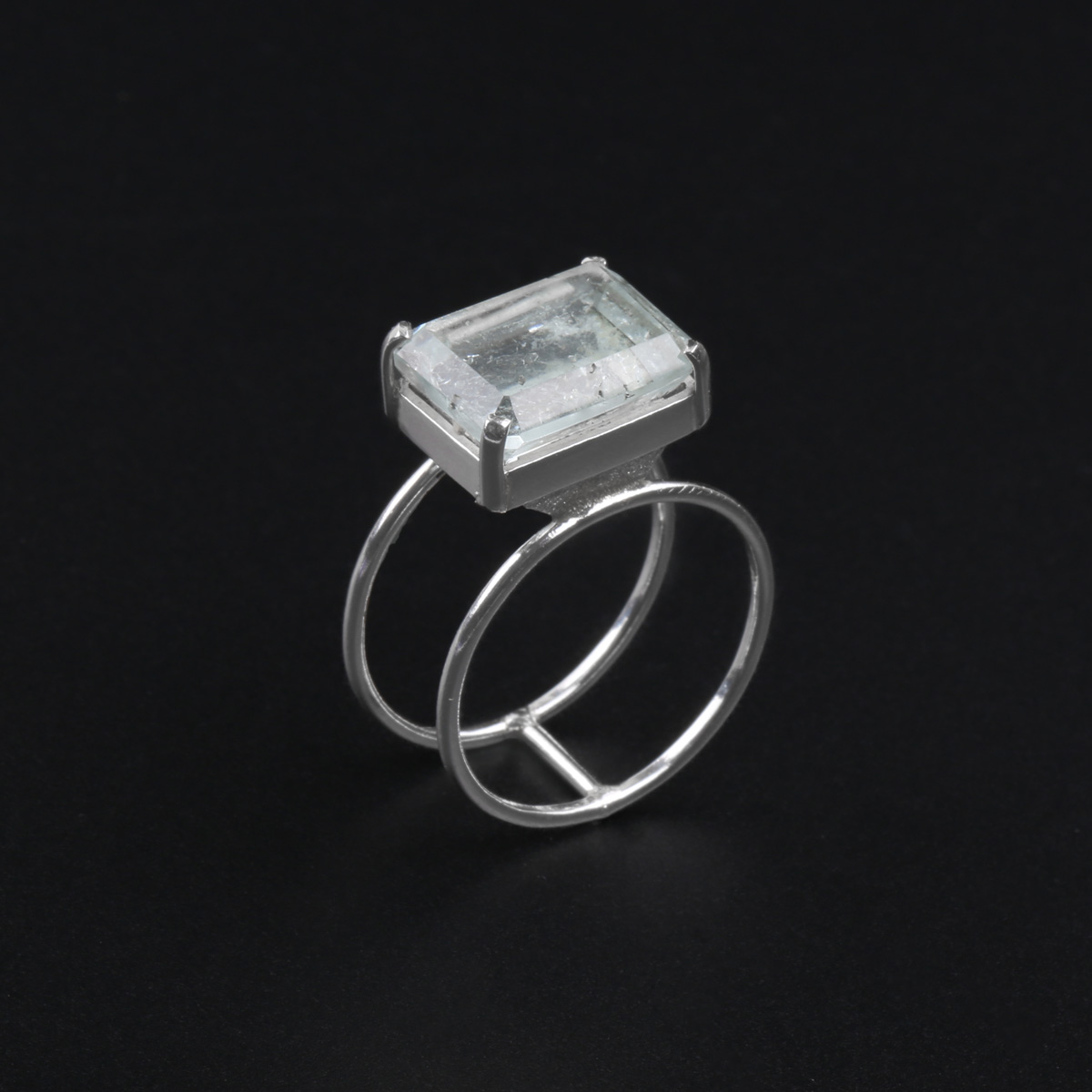 Square Aquamarine Ring | Double-Band Silver Ring 