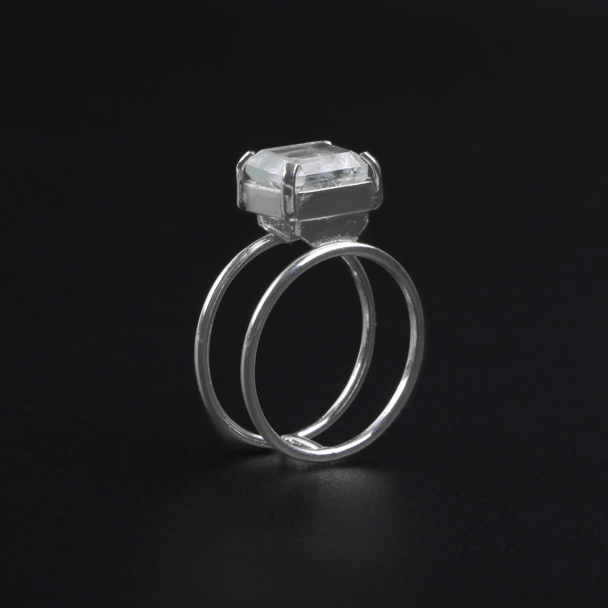 Aquamarine Square Ring | Silver Double-Band Ring 
