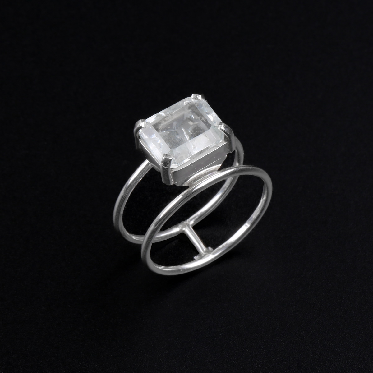 Aquamarine Square Ring | Silver Double-Band Ring 