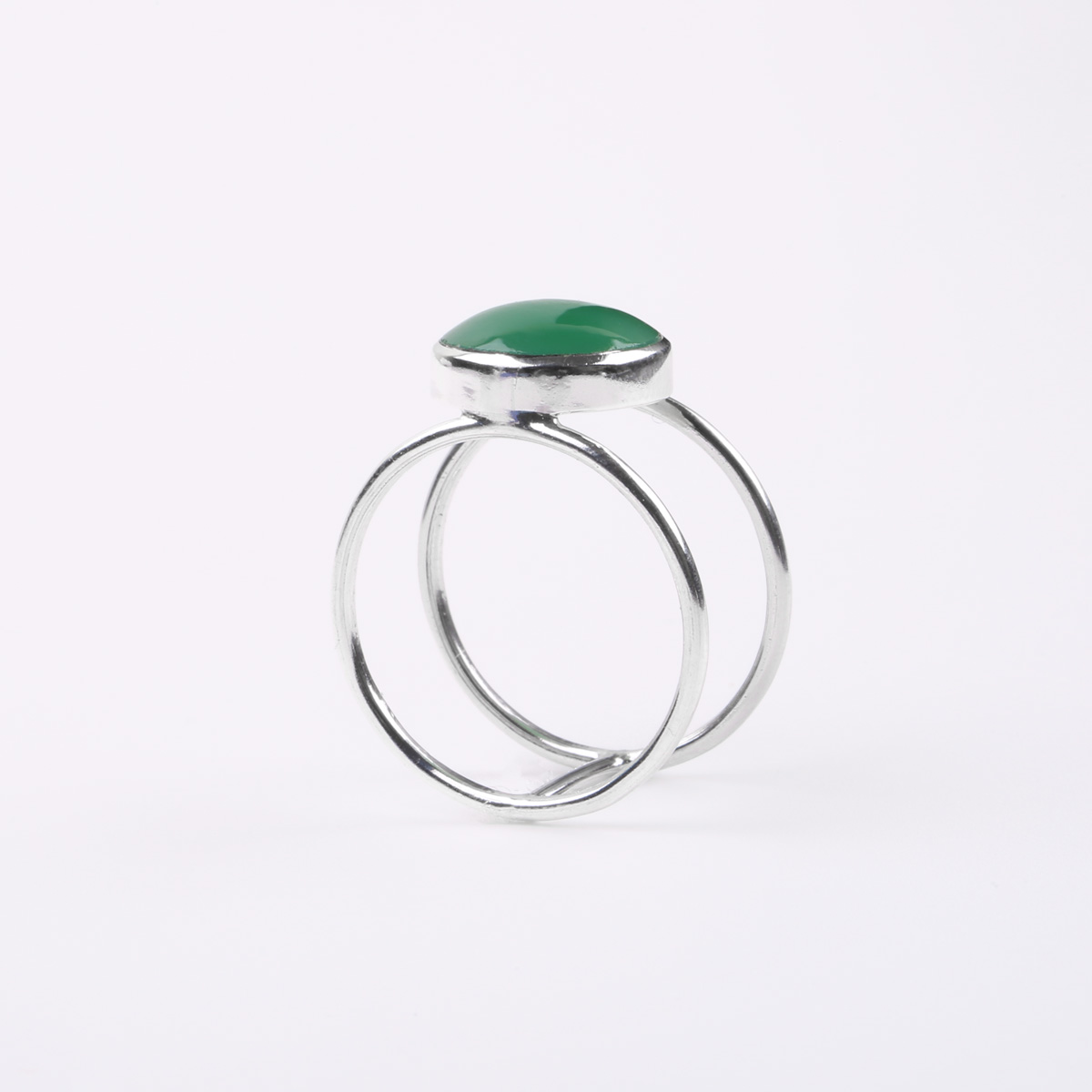Green Agate Double-Band Ring | Silver Flat Round Ring 