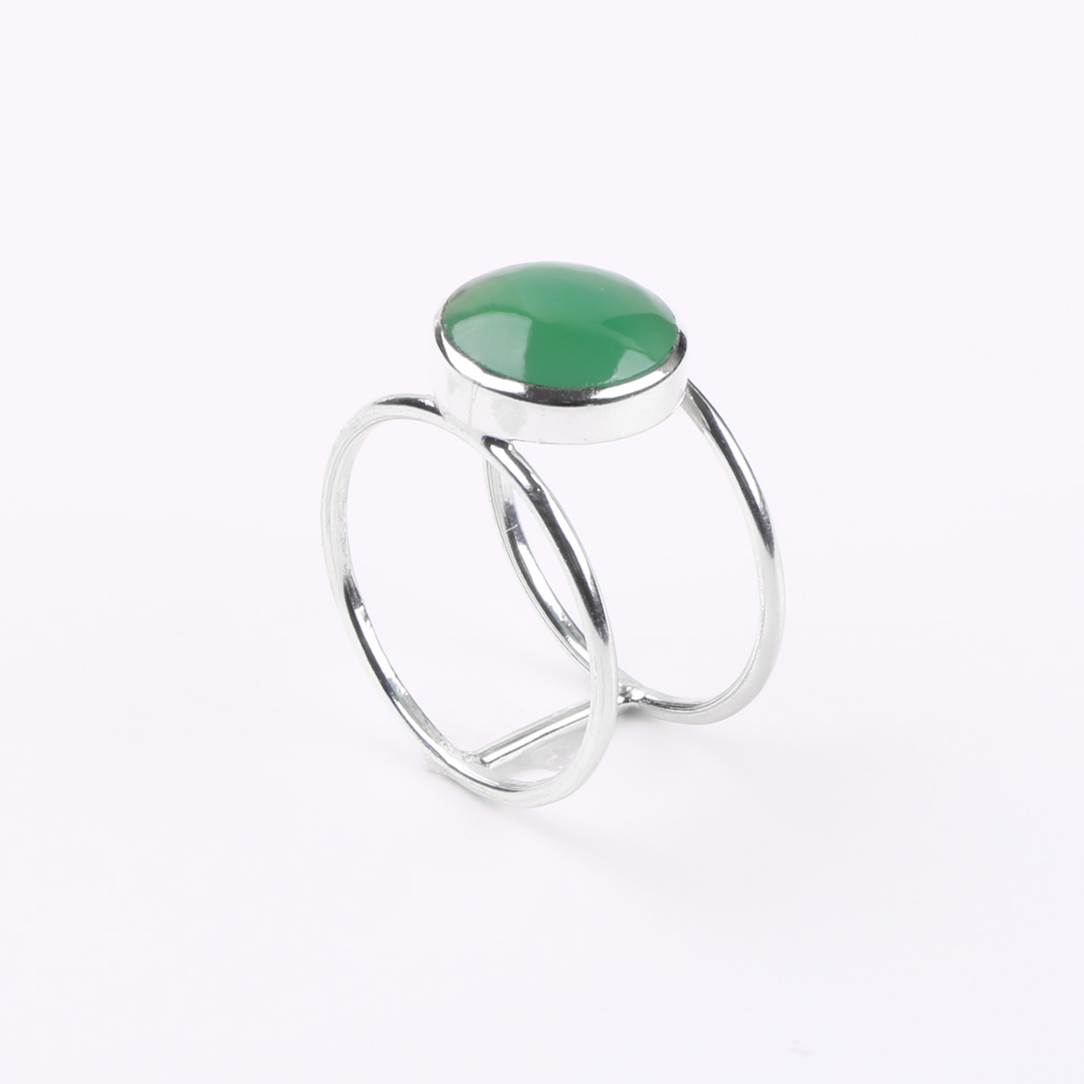 Green Agate Double-Band Ring | Silver Flat Round Ring 