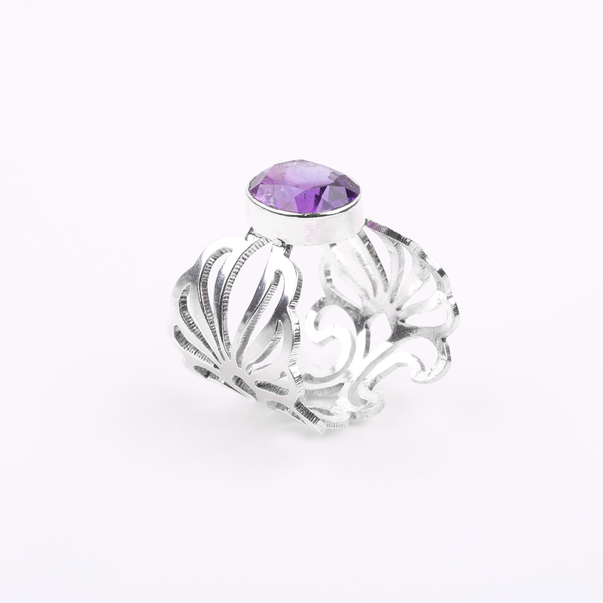 Purple Amethyst Engraved Ring | Silver Round Ring 