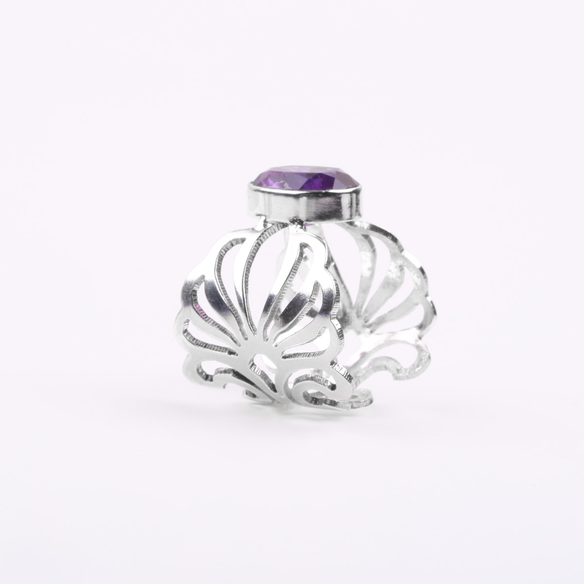 Purple Amethyst Engraved Ring | Silver Round Ring 