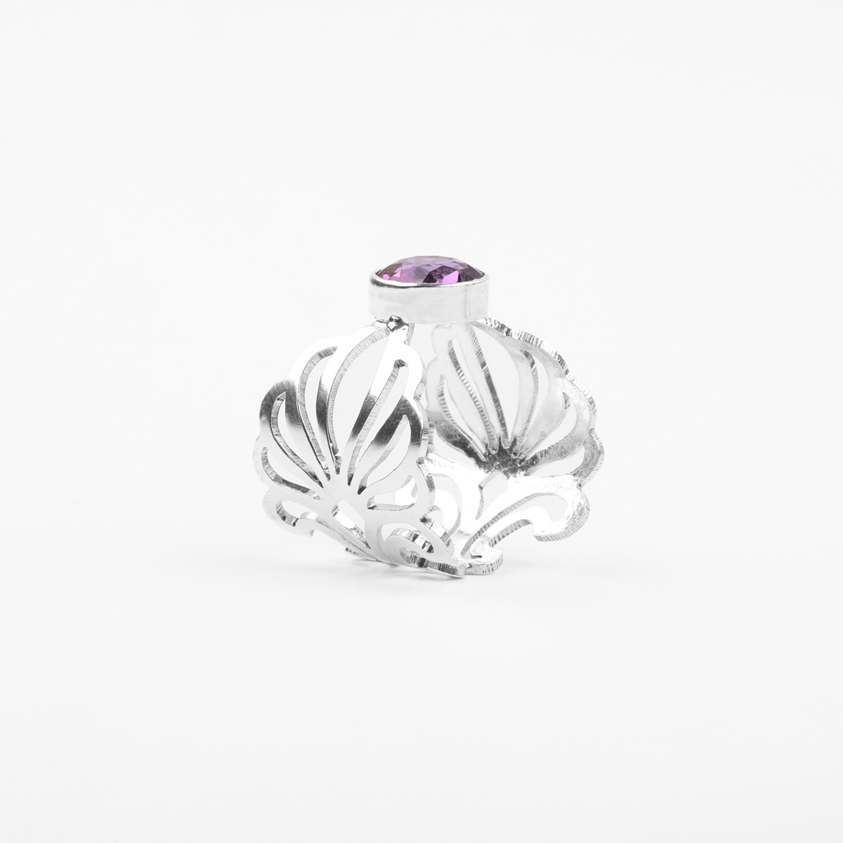 Round Amethyst Stone Ring | Engraved Silver Ring 