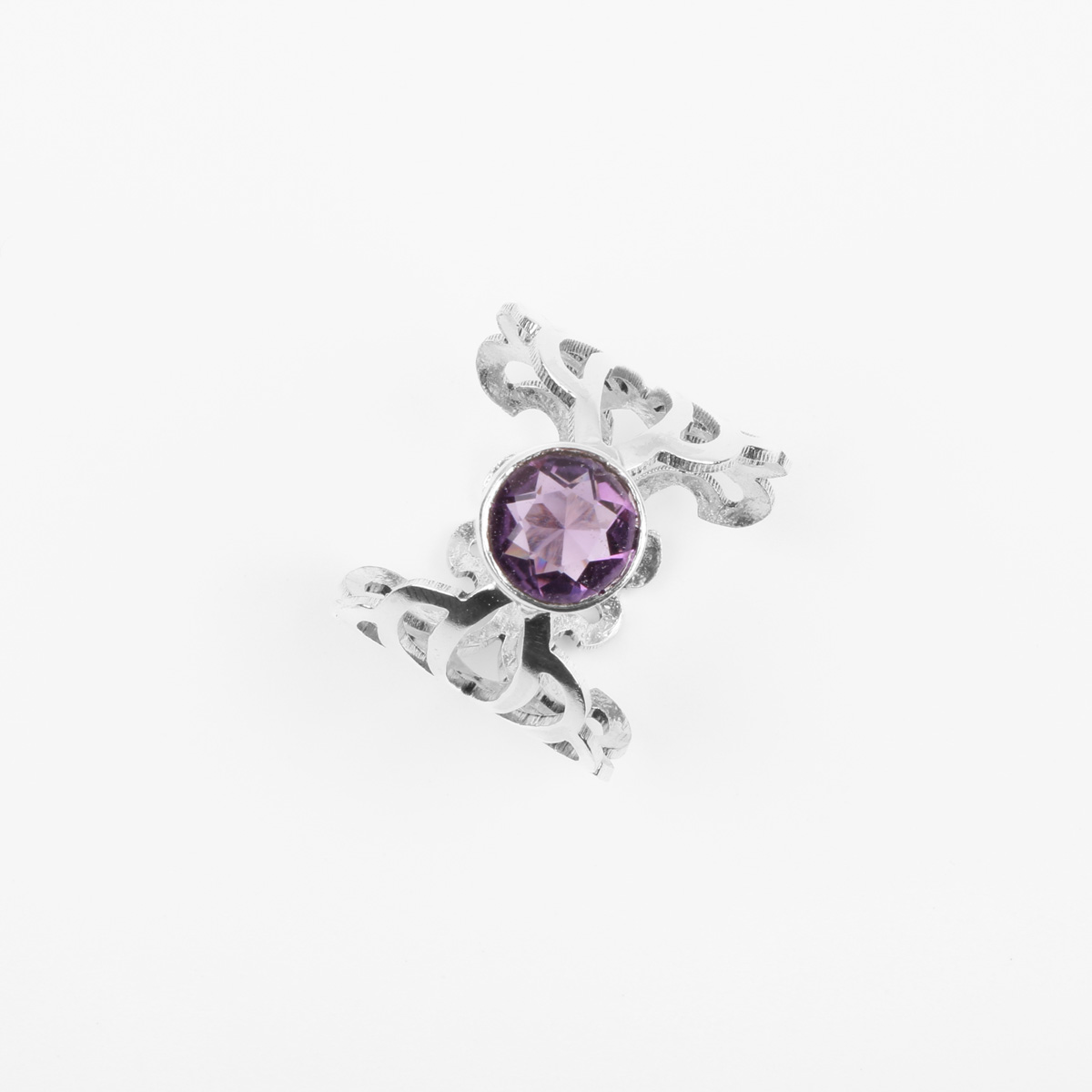 Round Amethyst Stone Ring | Engraved Silver Ring 
