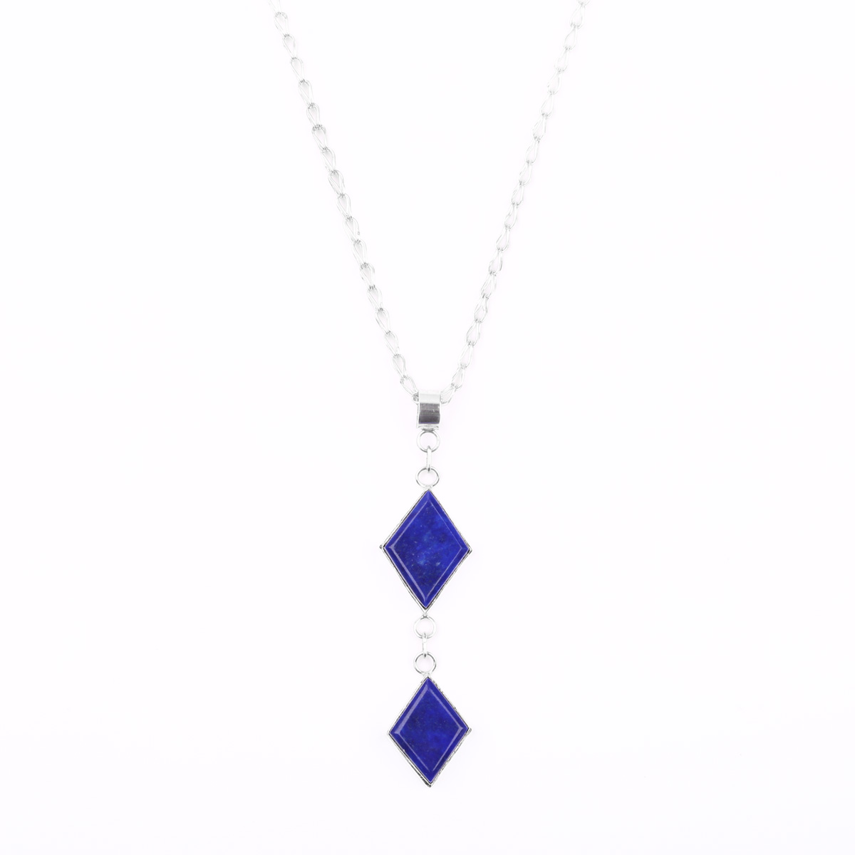 Two Stone Lapis Lazuli Locket | Silver Marquise Pendant