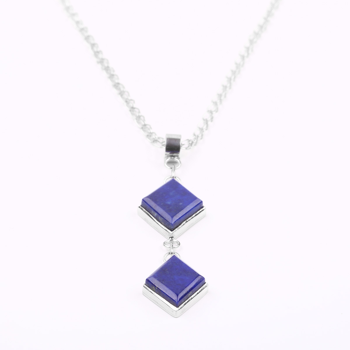 Two Stone Lapis Lazuli Locket | Silver Marquise Pendant